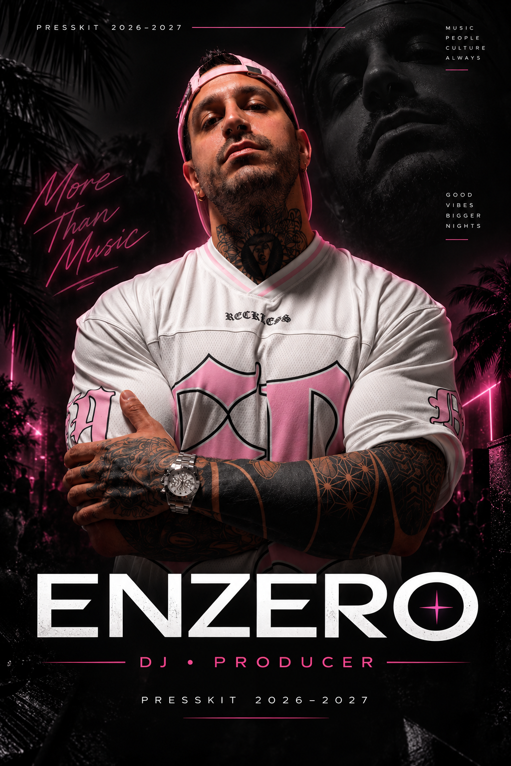 ENZERO wearing a pink cap with his arms crossed, from his press kit