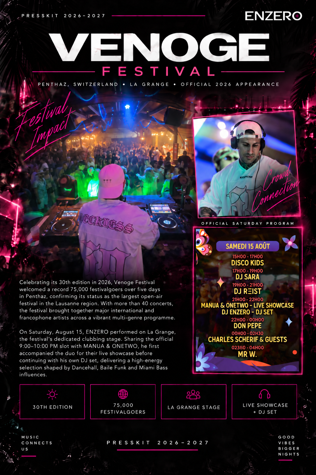 ENZERO behind the decks facing the crowd at Venoge Festival, from his press kit